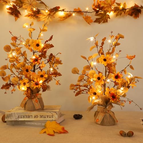2 Pack LED Fall Decor Trees with Burlap Bowknot