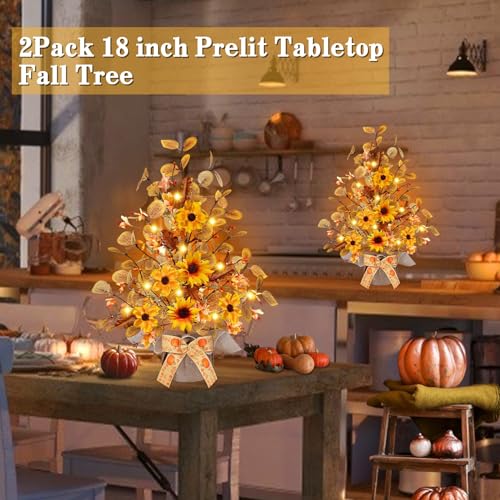 2 Pack LED Fall Decor Trees with Burlap Bowknot