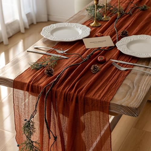 Rustic Terracotta Cheesecloth Table Runner for Fall
