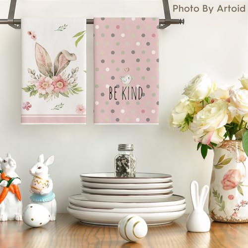 Pink Bunny Ears Floral Easter Kitchen Towels Set