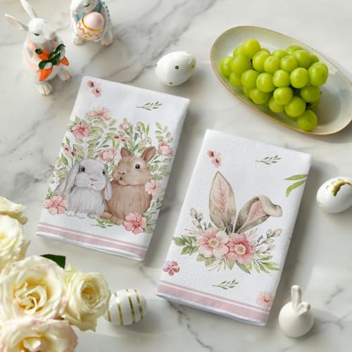 Pink Bunny Ears Floral Easter Kitchen Towels Set