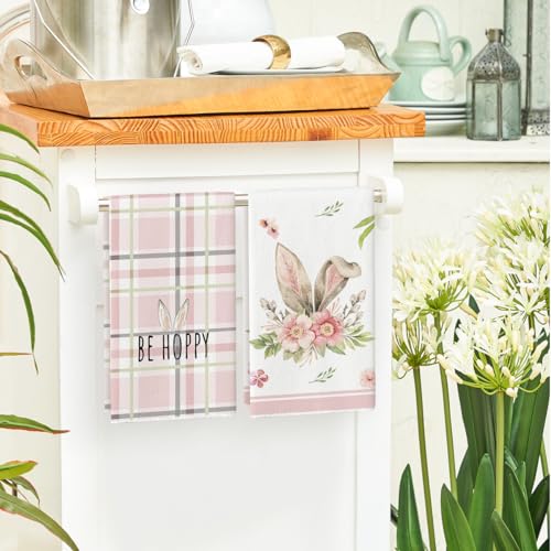 Pink Bunny Ears Floral Easter Kitchen Towels Set