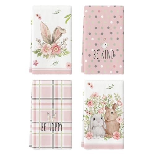Pink Bunny Ears Floral Easter Kitchen Towels Set