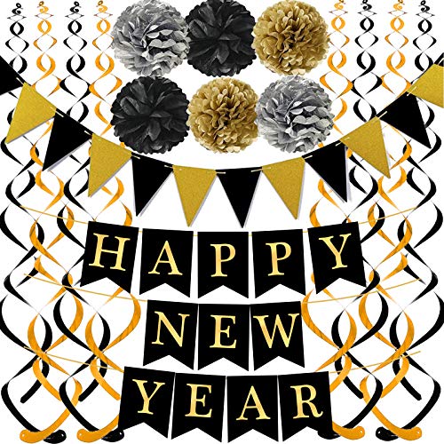 Black and Gold Happy New Year Bunting Decorations