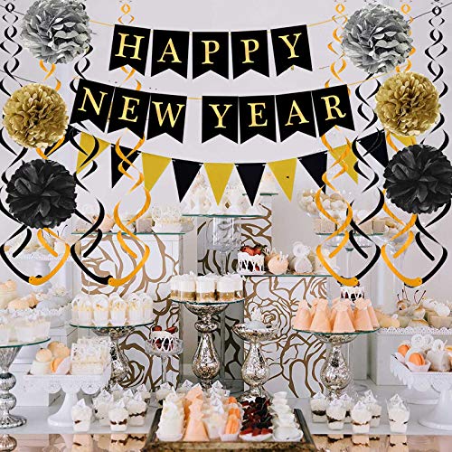 Black and Gold Happy New Year Bunting Decorations