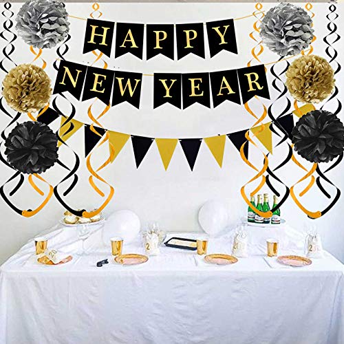 Black and Gold Happy New Year Bunting Decorations