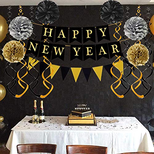 Black and Gold Happy New Year Bunting Decorations