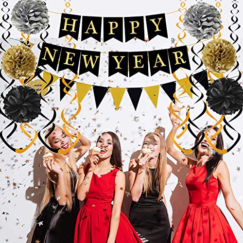 Black and Gold Happy New Year Bunting Decorations