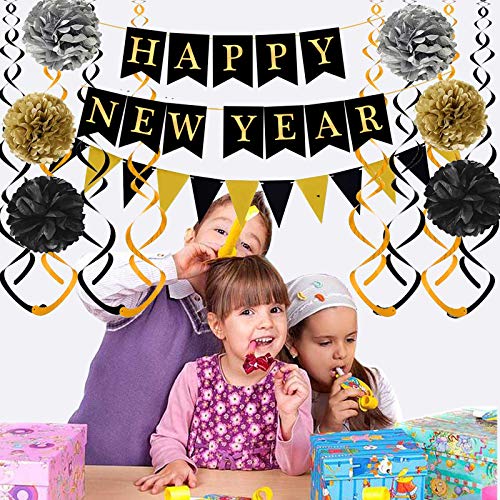 Black and Gold Happy New Year Bunting Decorations