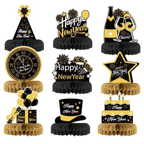 2025 New Year's Eve Honeycomb Centerpieces - Black and Gold