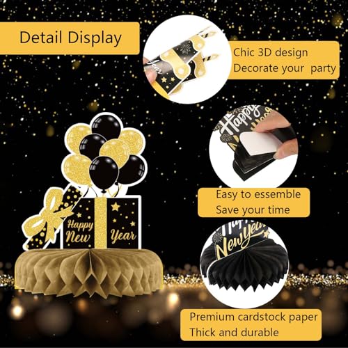 2025 New Year's Eve Honeycomb Centerpieces - Black and Gold