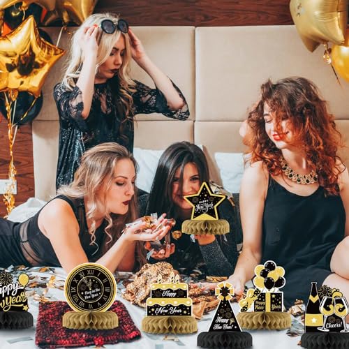 2025 New Year's Eve Honeycomb Centerpieces - Black and Gold