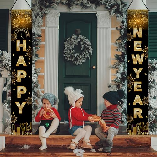 2025 Black Gold New Year Door Banner Decorations