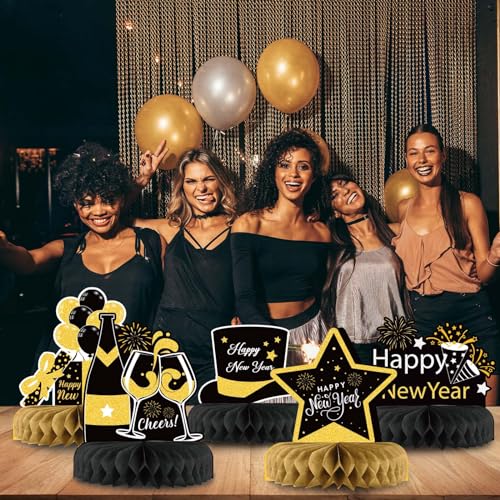 2025 New Year's Eve Honeycomb Centerpieces - Black and Gold