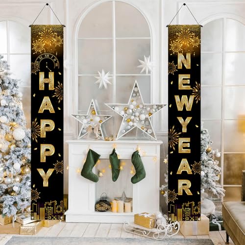 2025 Black Gold New Year Door Banner Decorations