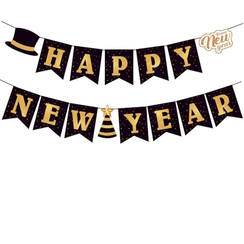 Black and Gold Happy New Year 2025 Banner