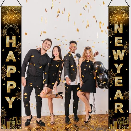 2025 Black Gold New Year Door Banner Decorations