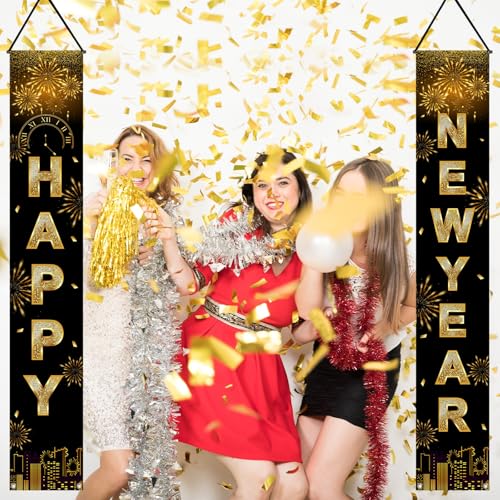 2025 Black Gold New Year Door Banner Decorations