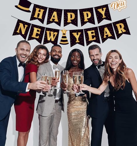 Black and Gold Happy New Year 2025 Banner