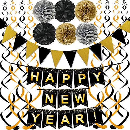 New Year Black Banner & Gold Streamer Set