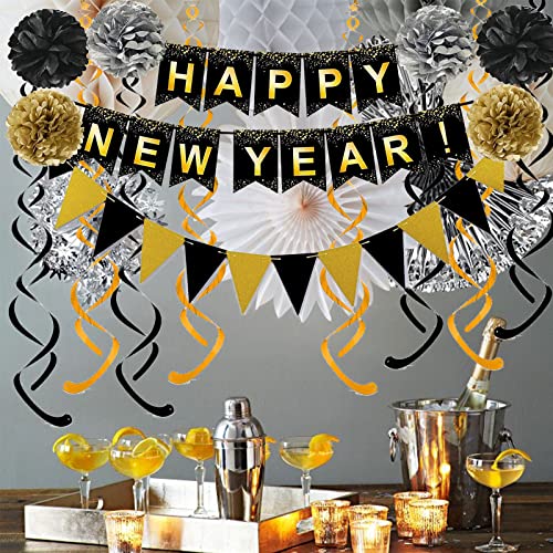 New Year Black Banner & Gold Streamer Set