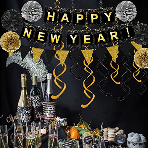 New Year Black Banner & Gold Streamer Set