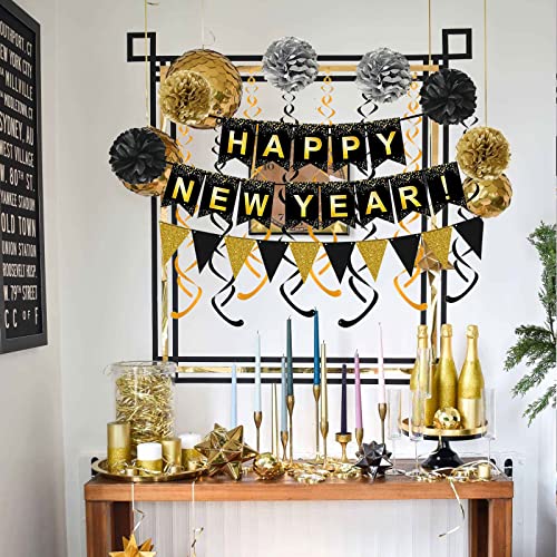 New Year Black Banner & Gold Streamer Set