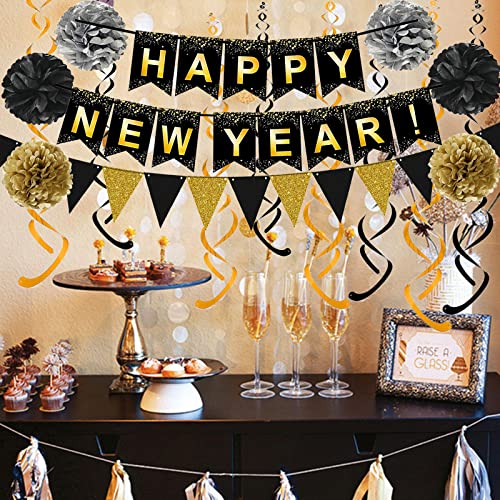 New Year Black Banner & Gold Streamer Set