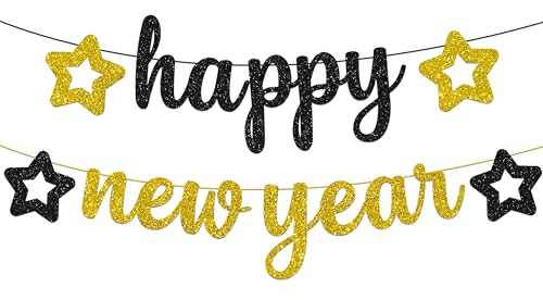 Glittery Black and Gold New Year Banner Garland