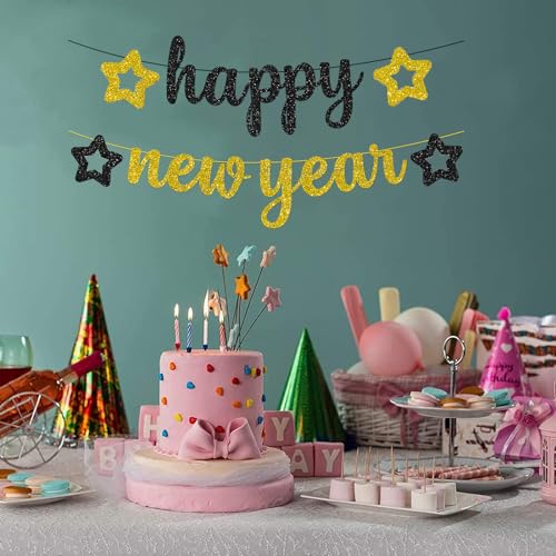 Glittery Black and Gold New Year Banner Garland