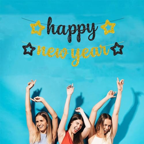 Glittery Black and Gold New Year Banner Garland