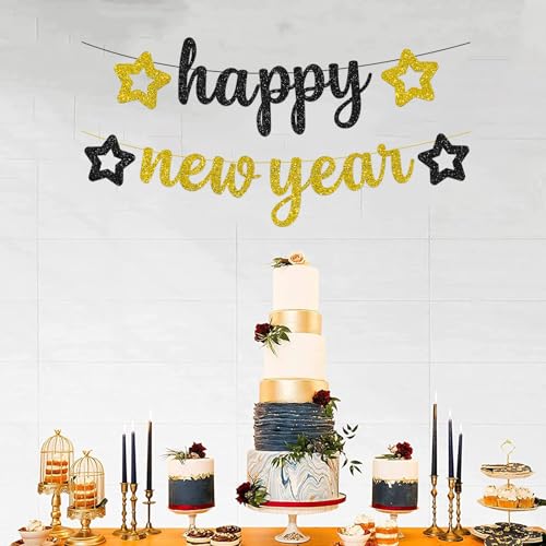 Glittery Black and Gold New Year Banner Garland
