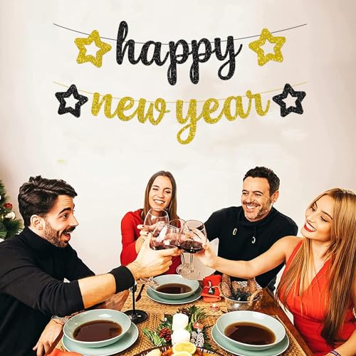 Glittery Black and Gold New Year Banner Garland