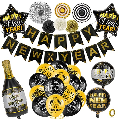 2025 Happy New Year Black & Gold Decorations Set
