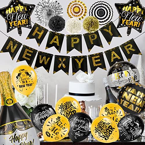 2025 Happy New Year Black & Gold Decorations Set