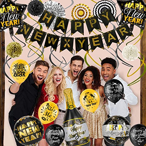 2025 Happy New Year Black & Gold Decorations Set
