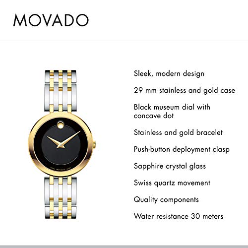 Movado Women's Esperanza 2-Tone Watch with Concave Dot Museum Dial, Silver/Gold/Black (Model 607053)