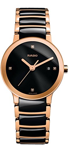 Rado Women's R30555712 Centrix Analog Display Swiss Quartz Two Tone Watch, Black and Rose Gold