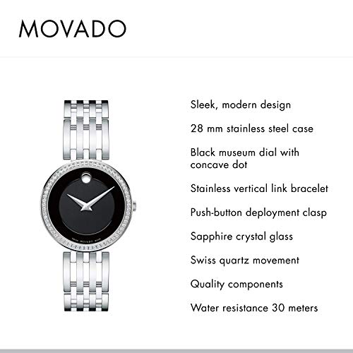 Movado Women's Esperanza Stainless Steel Watch with Diamond Accent Bezel, Silver/Black (607052)