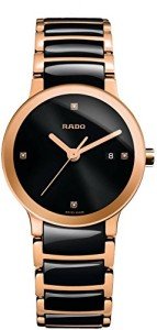 Rado Women's R30555712 Centrix Analog Display Swiss Quartz Two Tone Watch, Black and Rose Gold
