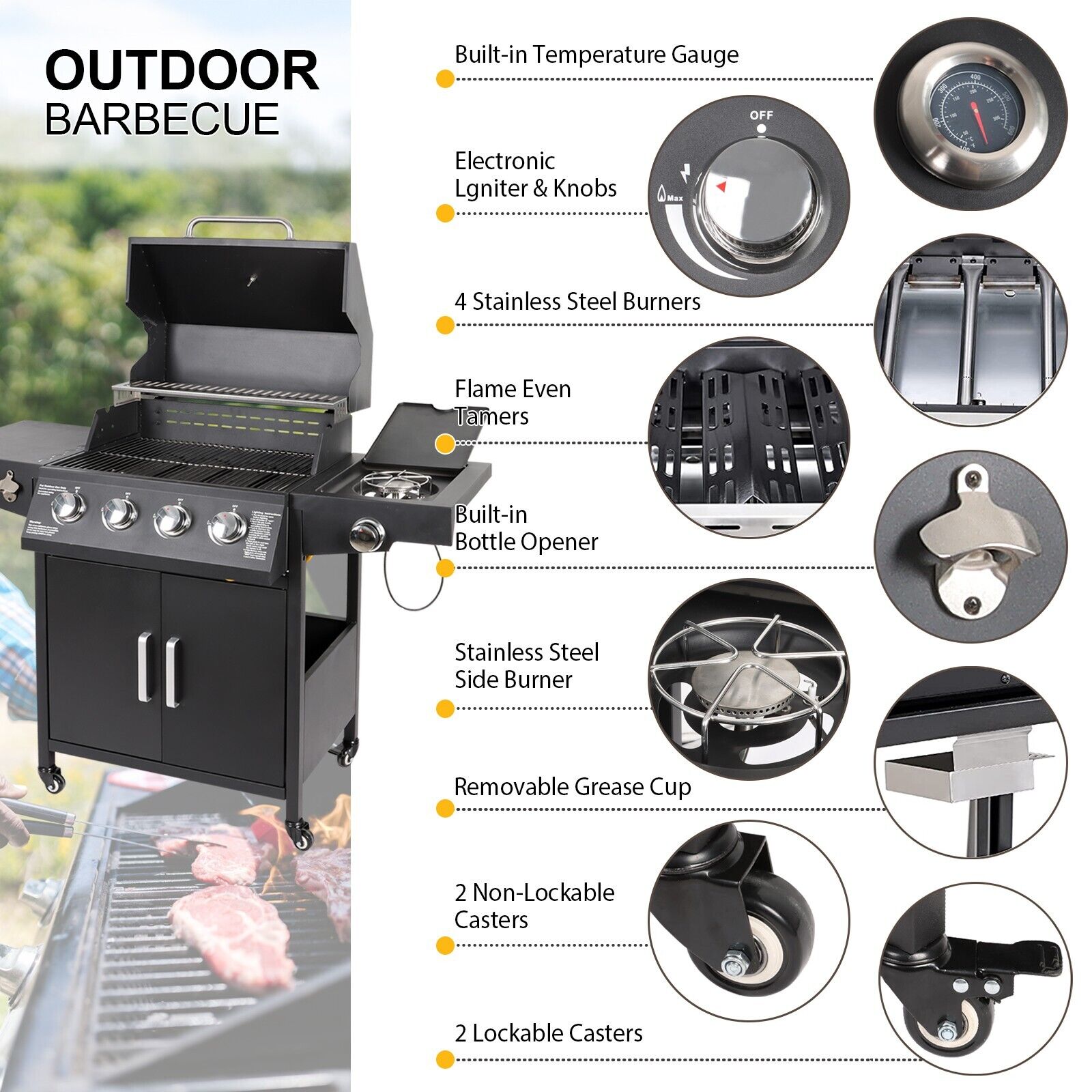 Outdoor Propane Gas Grill with 4 Burners