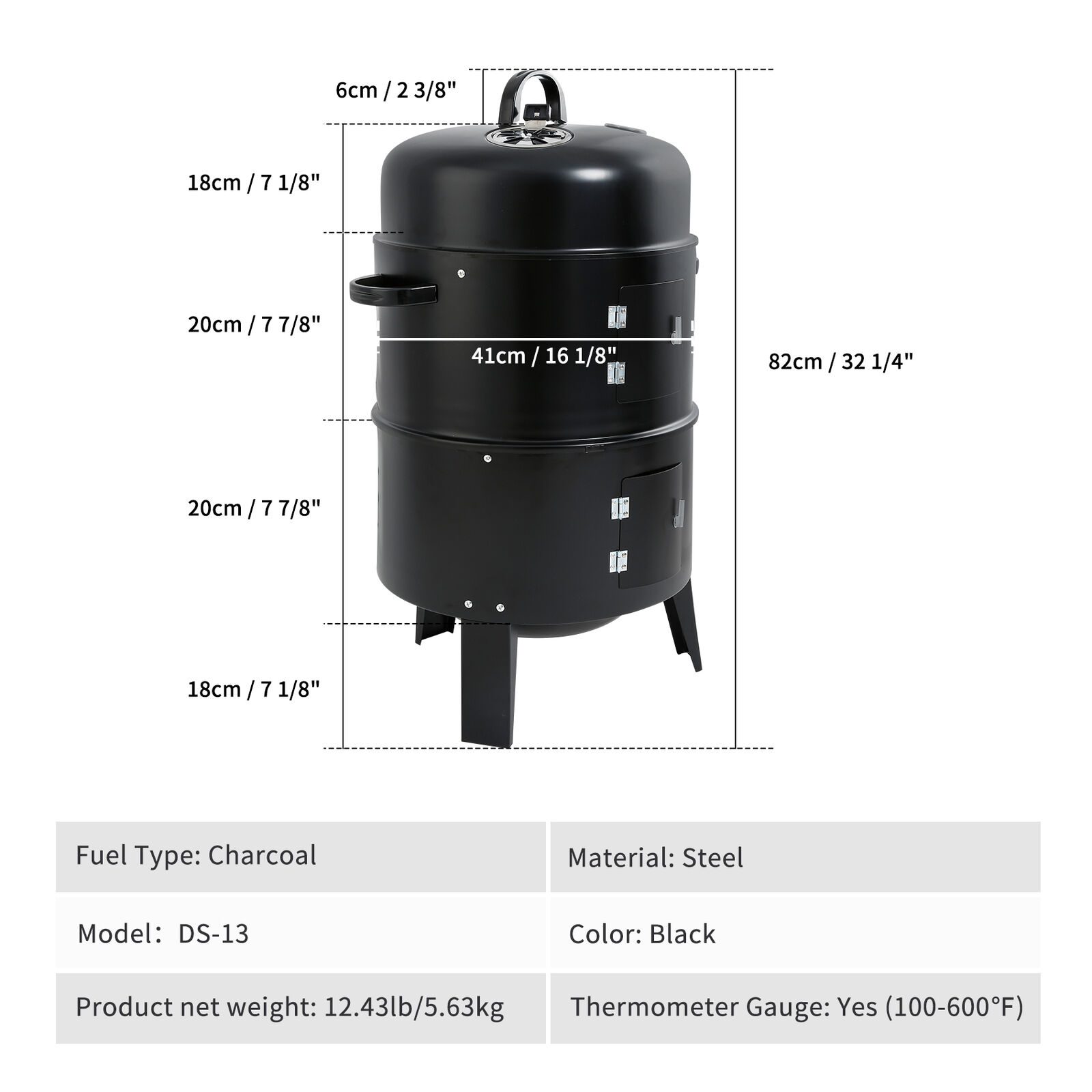 32" Outdoor Vertical 3in1 Charcoal Smoker BBQ
