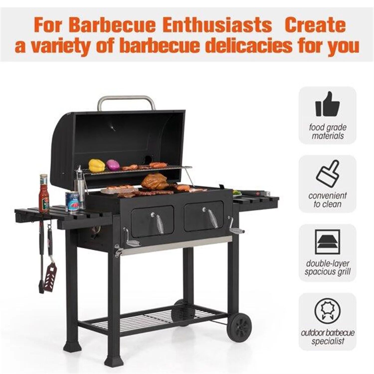 Oversize Heavy Duty Charcoal BBQ Grill with Trays