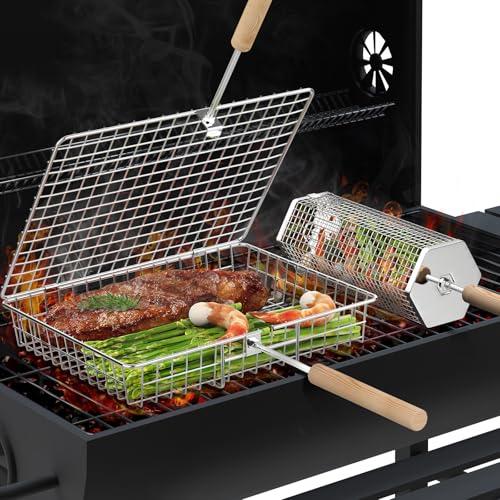 Stainless Steel Grill Basket Set with Wooden Handle