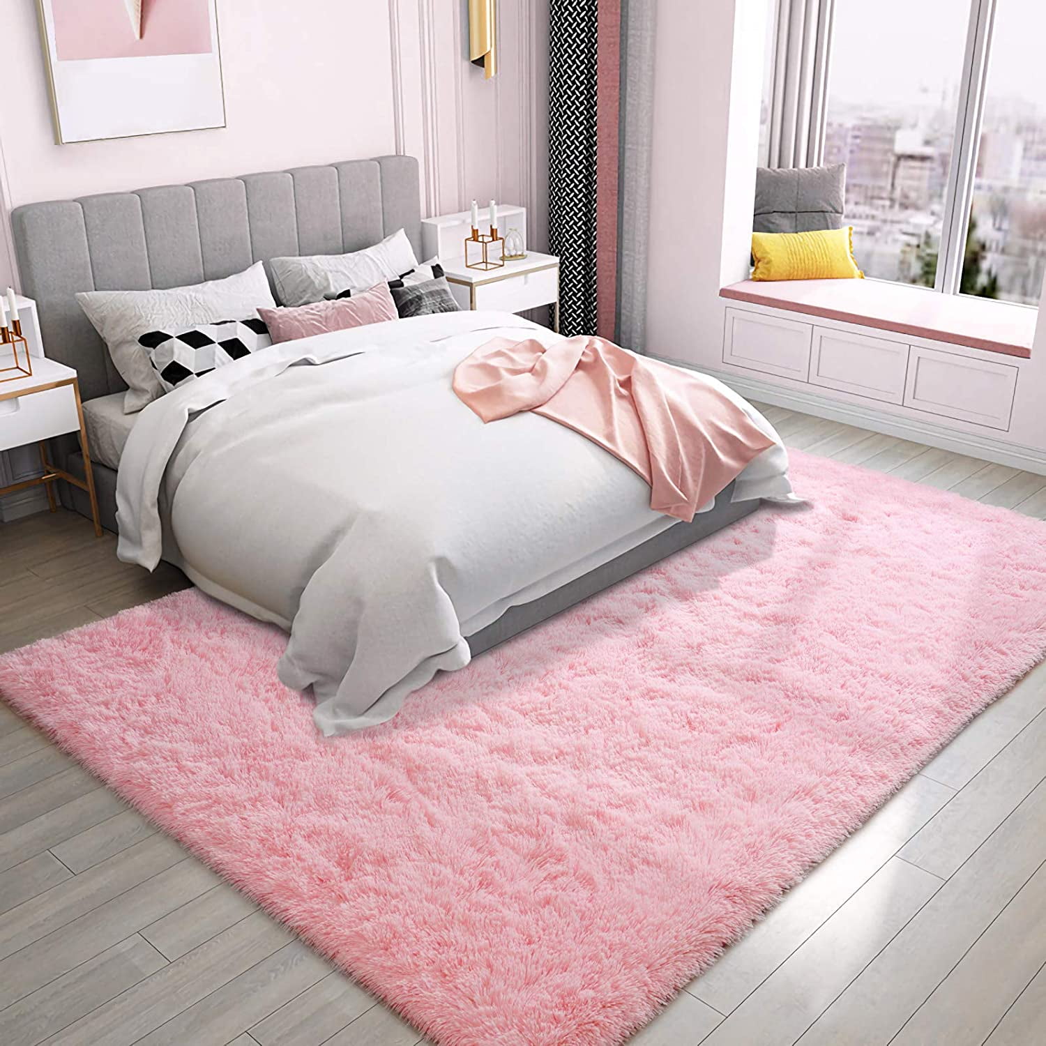 Pink Shaggy Rug for Living Room, Bedroom (5x8ft)