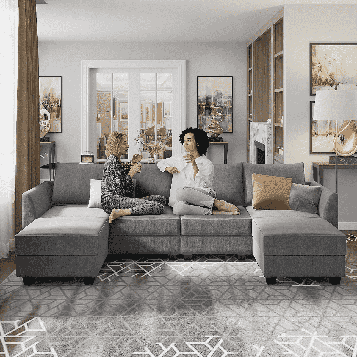 Gray U-Shaped Sectional Sofa with Ottomans
