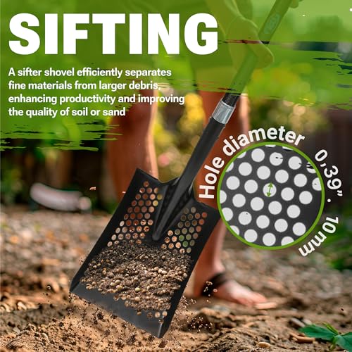 CKG Carbon Sand Sifter Shovel for Beach, Also Chicken Poop Scooper Goat Stall Sand Poop Cleaning, Lightweight & Durable Sifting Shovel for Farm and Gardening, Black Color
