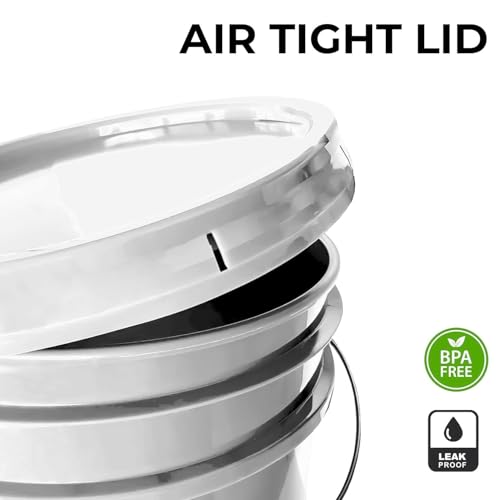 5-Gallon White Bucket Pail Container with Lid | Food Grade | Heavy-Duty 90MIL Extra Durable | Metal Handles with Plastic Grip for Easy Carrying | Multi-Use | Easy Stack and Store | BPA Free - 1 Pack