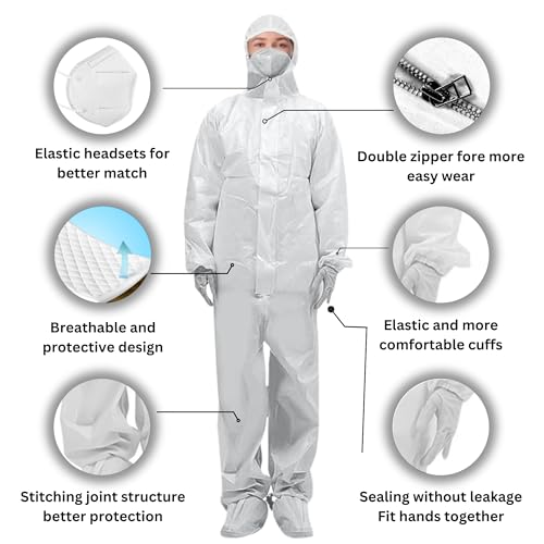 Zimchado Hazmat Suits, Shoe Covers, Face Mask and A Pair of Nitrile Gloves all Included – 5 sizes Level III, Type A Coveralls (1 Pack, Medium)