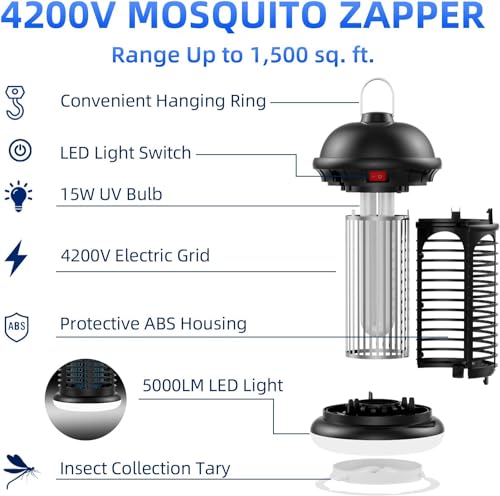 Jawlark Bug Zapper Outdoor with LED Light, 4200V Electric Mosquito Zapper, Insect Fly Zapper Outdoor Indoor, 5ft Power Cord, IPX6 Waterproof, Plug in Mosquito Killer for Patio Yard Home, Black